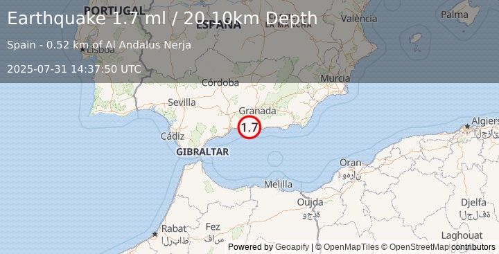 Earthquake STRAIT OF GIBRALTAR (1.7 ml) (2025-07-31 14:37:50 UTC)