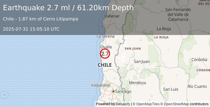 Earthquake COQUIMBO, CHILE (2.7 ml) (2025-07-31 15:05:10 UTC)