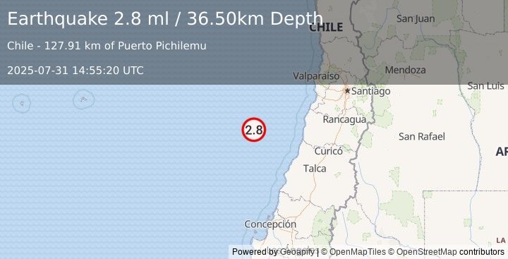 Earthquake OFF COAST OF O'HIGGINS, CHILE (2.8 ml) (2025-07-31 14:55:20 UTC)