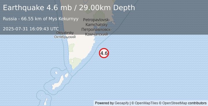 Earthquake OFF EAST COAST OF KAMCHATKA (4.6 mb) (2025-07-31 16:09:43 UTC)
