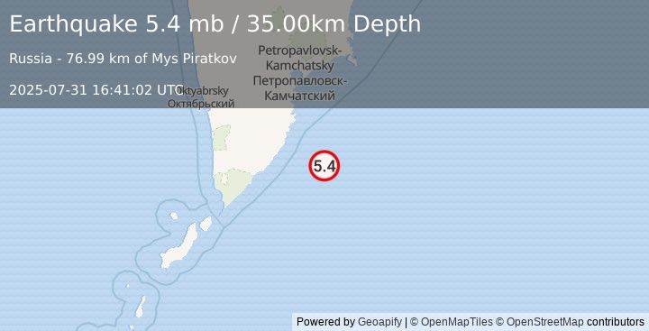 Earthquake OFF EAST COAST OF KAMCHATKA (5.1 mb) (2025-07-31 16:40:58 UTC)