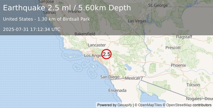 Earthquake GREATER LOS ANGELES AREA, CALIF. (2.5 ml) (2025-07-31 17:12:34 UTC)