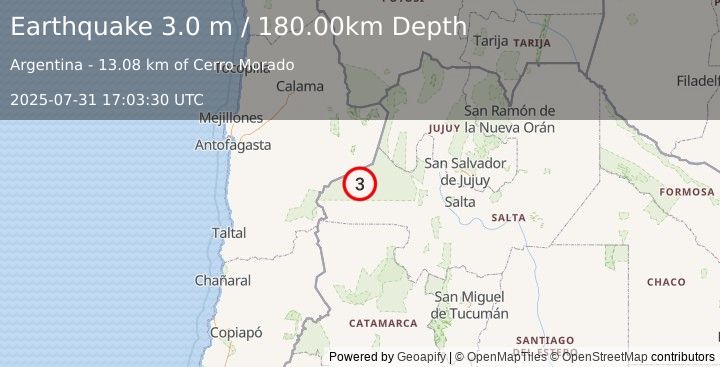 Earthquake SALTA, ARGENTINA (3.3 ml) (2025-07-31 17:03:45 UTC)
