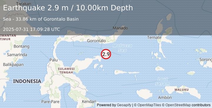 Earthquake SULAWESI, INDONESIA (2.9 m) (2025-07-31 17:09:28 UTC)