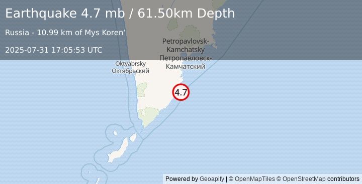 Earthquake NEAR EAST COAST OF KAMCHATKA (4.2 mb) (2025-07-31 17:05:50 UTC)