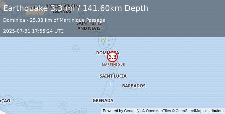Earthquake DOMINICA REGION, LEEWARD ISLANDS (3.3 ml) (2025-07-31 17:55:24 UTC)