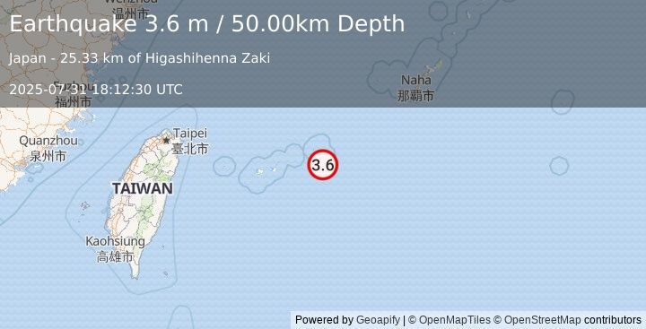 Earthquake SOUTHWESTERN RYUKYU ISL., JAPAN (3.6 m) (2025-07-31 18:12:30 UTC)