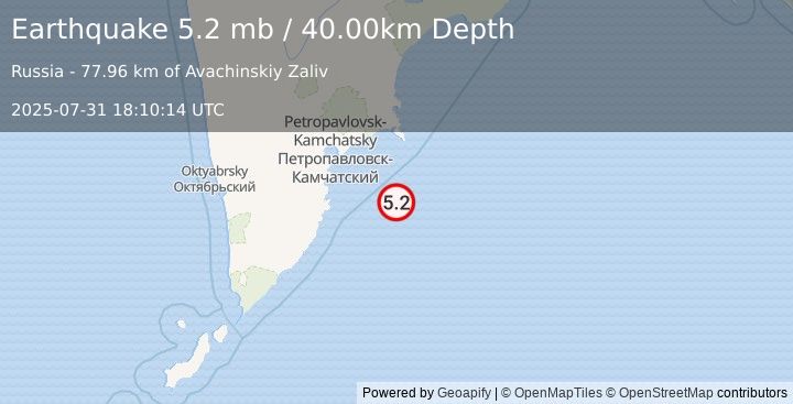 Earthquake OFF EAST COAST OF KAMCHATKA (4.9 mb) (2025-07-31 18:10:07 UTC)