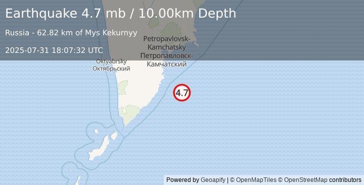 Earthquake OFF EAST COAST OF KAMCHATKA (4.7 mb) (2025-07-31 18:07:32 UTC)