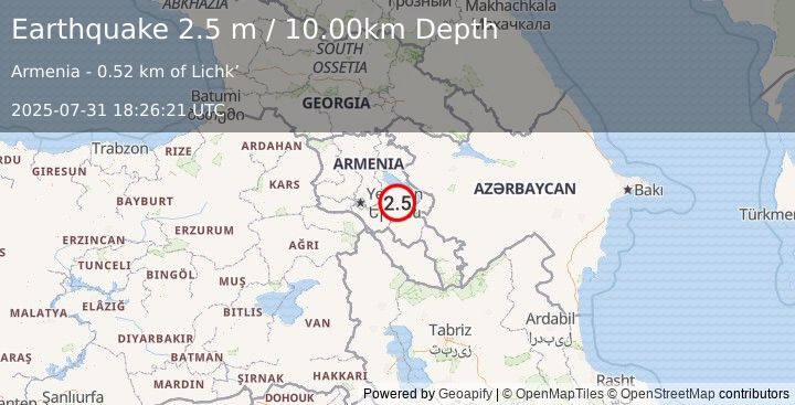 Earthquake ARMENIA (2.5 m) (2025-07-31 18:26:21 UTC)