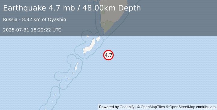 Earthquake EAST OF KURIL ISLANDS (4.7 mb) (2025-07-31 18:22:22 UTC)