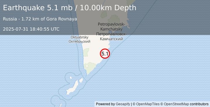 Earthquake NEAR EAST COAST OF KAMCHATKA (5.1 mb) (2025-07-31 18:40:59 UTC)