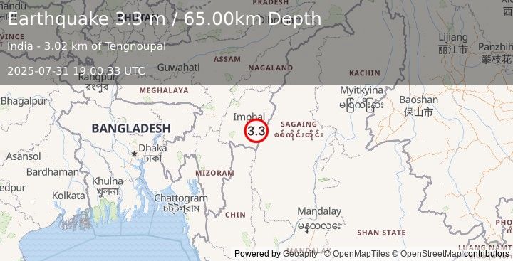 Earthquake MYANMAR-INDIA BORDER REGION (3.3 m) (2025-07-31 19:00:33 UTC)