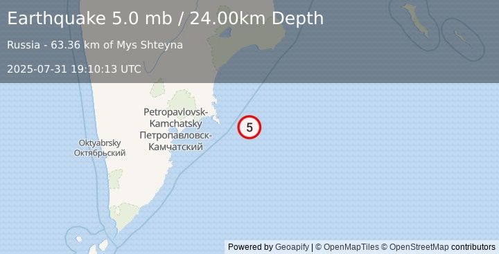 Earthquake OFF EAST COAST OF KAMCHATKA (5.1 mb) (2025-07-31 19:10:13 UTC)