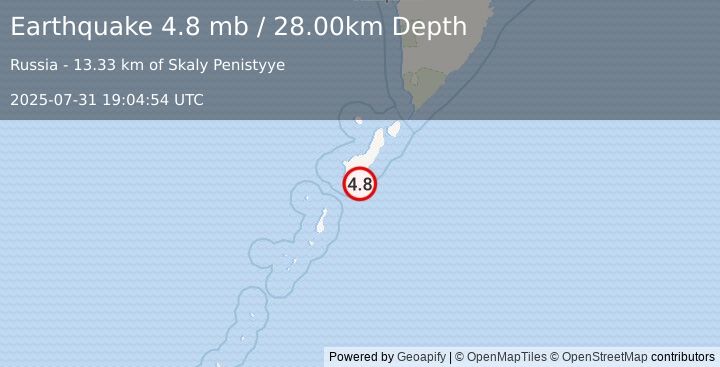Earthquake KURIL ISLANDS (4.8 mb) (2025-07-31 19:04:54 UTC)
