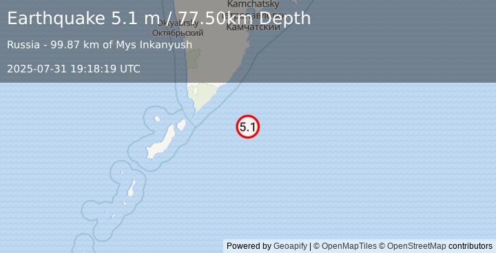 Earthquake EAST OF KURIL ISLANDS (4.8 mb) (2025-07-31 19:18:08 UTC)