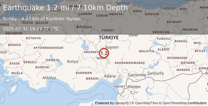 Earthquake CENTRAL TURKEY (1.2 ml) (2025-07-31 19:19:22 UTC)