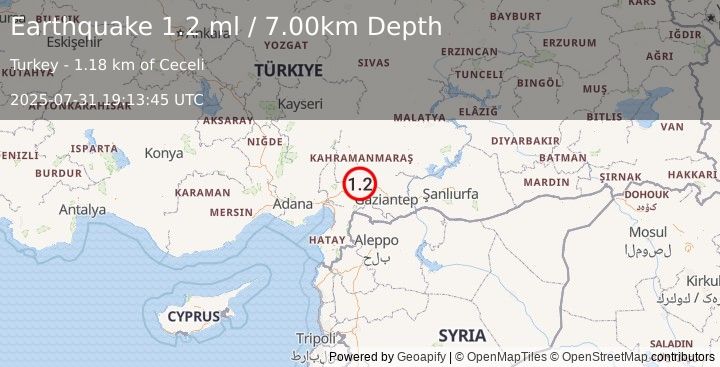 Earthquake CENTRAL TURKEY (1.2 ml) (2025-07-31 19:13:45 UTC)