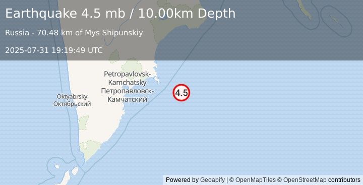 Earthquake OFF EAST COAST OF KAMCHATKA (4.5 mb) (2025-07-31 19:19:49 UTC)