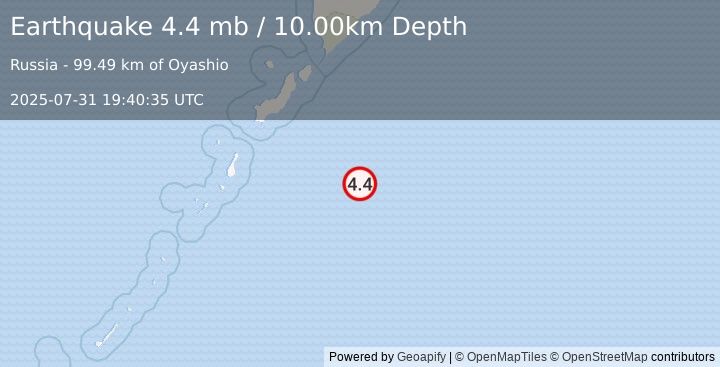 Earthquake EAST OF KURIL ISLANDS (4.4 mb) (2025-07-31 19:40:35 UTC)