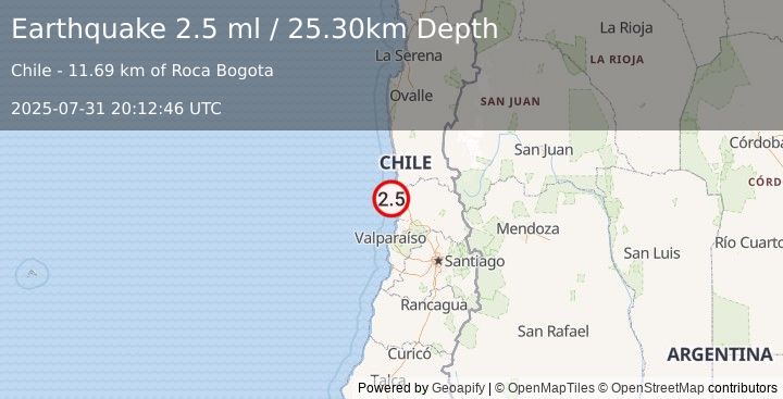 Earthquake OFFSHORE VALPARAISO, CHILE (2.5 ml) (2025-07-31 20:12:46 UTC)