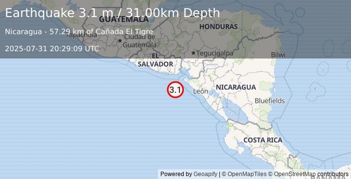 Earthquake NEAR COAST OF NICARAGUA (3.1 m) (2025-07-31 20:29:09 UTC)