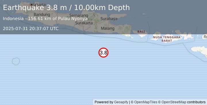 Earthquake SOUTH OF JAVA, INDONESIA (3.8 m) (2025-07-31 20:37:07 UTC)
