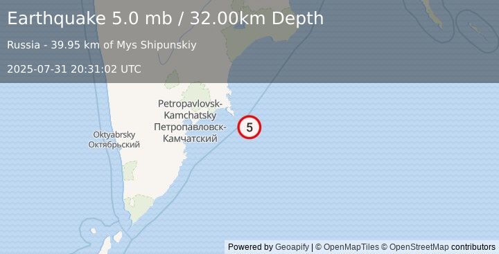 Earthquake OFF EAST COAST OF KAMCHATKA (5.0 mb) (2025-07-31 20:31:02 UTC)