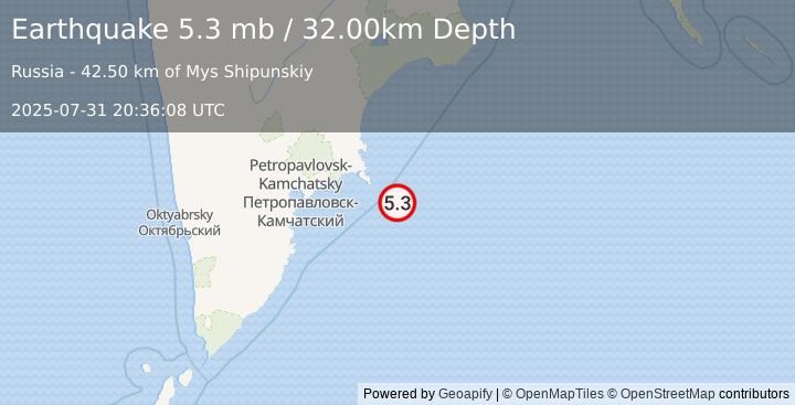 Earthquake OFF EAST COAST OF KAMCHATKA (5.7 mw) (2025-07-31 20:36:03 UTC)