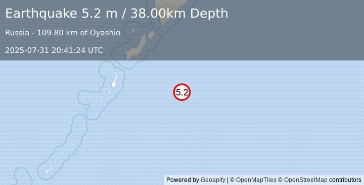 Earthquake EAST OF KURIL ISLANDS (4.9 mb) (2025-07-31 20:41:18 UTC)