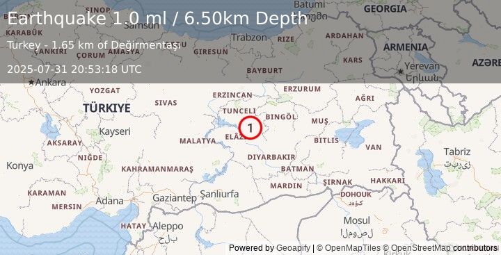 Earthquake EASTERN TURKEY (1.0 ml) (2025-07-31 20:53:18 UTC)