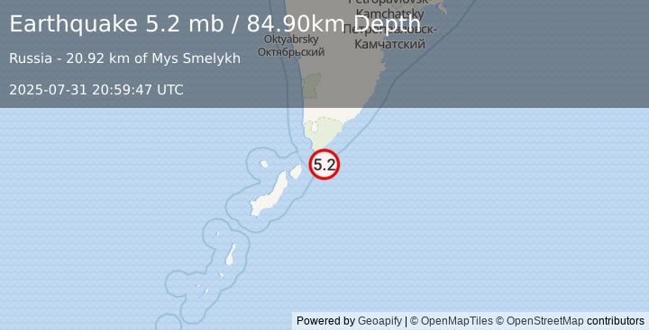 Earthquake KURIL ISLANDS (5.1 mb) (2025-07-31 20:59:38 UTC)