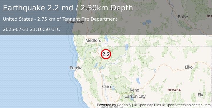 Earthquake NORTHERN CALIFORNIA (2.2 md) (2025-07-31 21:10:50 UTC)