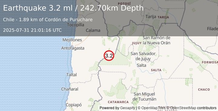 Earthquake ANTOFAGASTA, CHILE (3.2 ml) (2025-07-31 21:01:16 UTC)