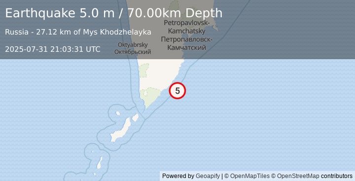 Earthquake NEAR EAST COAST OF KAMCHATKA (5.0 m) (2025-07-31 21:03:31 UTC)