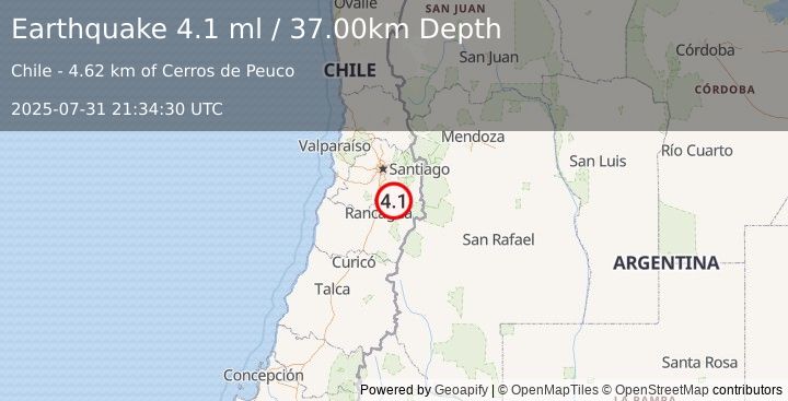 Earthquake LIBERTADOR O'HIGGINS, CHILE (4.5 mb) (2025-07-31 21:34:29 UTC)
