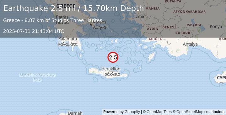 Earthquake DODECANESE ISLANDS, GREECE (2.5 ml) (2025-07-31 21:43:04 UTC)