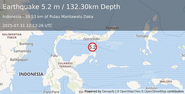 Earthquake SULAWESI, INDONESIA (5.1 mb) (2025-07-31 22:13:24 UTC)
