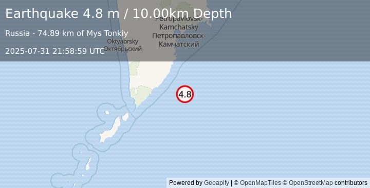 Earthquake NEAR EAST COAST OF KAMCHATKA (4.8 m) (2025-07-31 21:58:59 UTC)