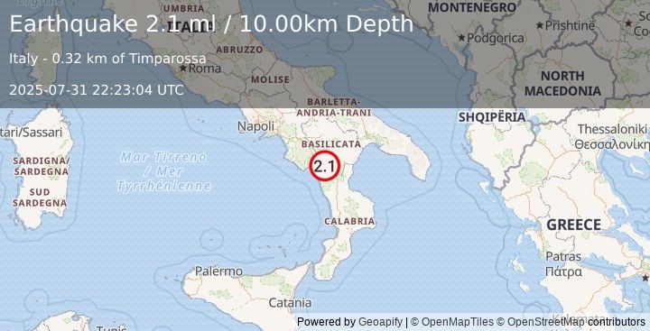 Earthquake SOUTHERN ITALY (2.1 ml) (2025-07-31 22:23:04 UTC)
