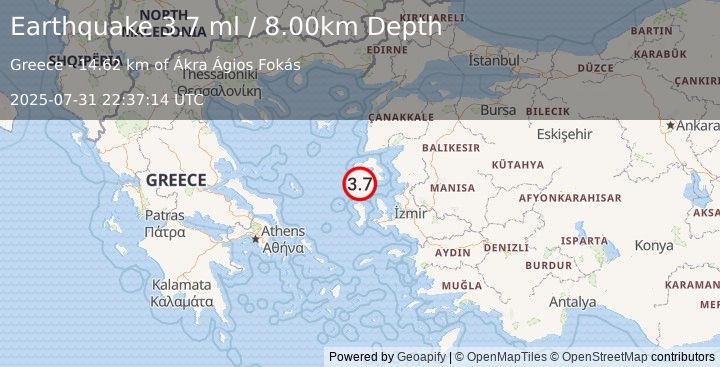 Earthquake NEAR THE COAST OF WESTERN TURKEY (3.7 ml) (2025-07-31 22:37:14 UTC)