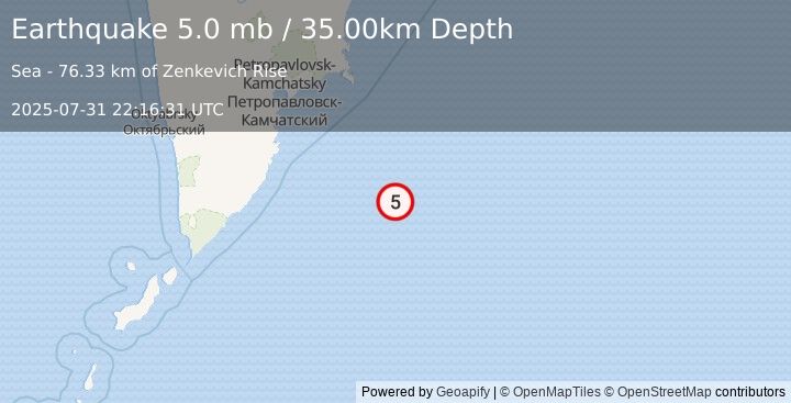 Earthquake OFF EAST COAST OF KAMCHATKA (5.0 mb) (2025-07-31 22:16:31 UTC)
