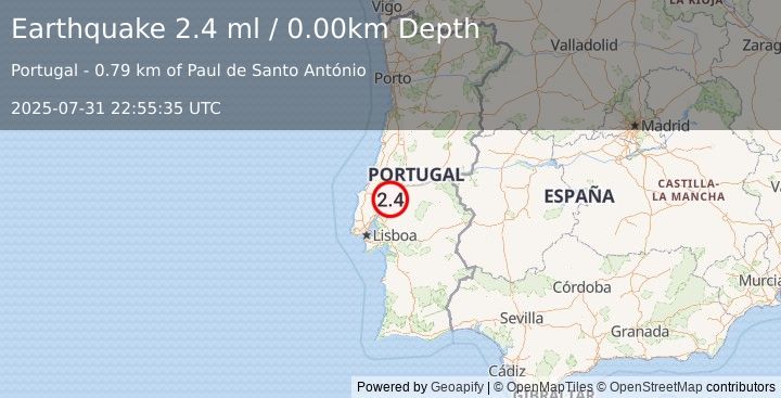 Earthquake PORTUGAL (2.4 ml) (2025-07-31 22:55:35 UTC)