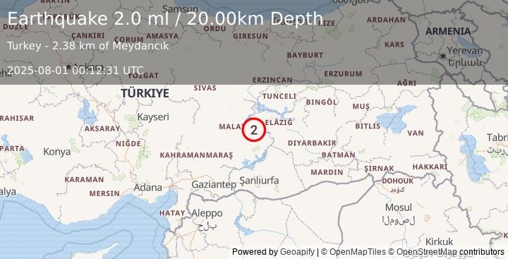 Earthquake EASTERN TURKEY (2.0 ml) (2025-08-01 00:12:31 UTC)
