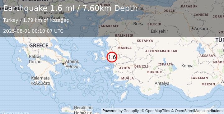 Earthquake WESTERN TURKEY (1.6 ml) (2025-08-01 00:10:07 UTC)