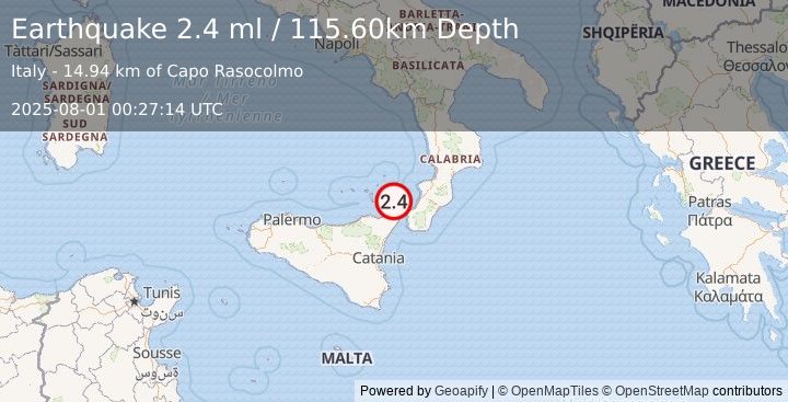 Earthquake SICILY, ITALY (2.4 ml) (2025-08-01 00:27:14 UTC)