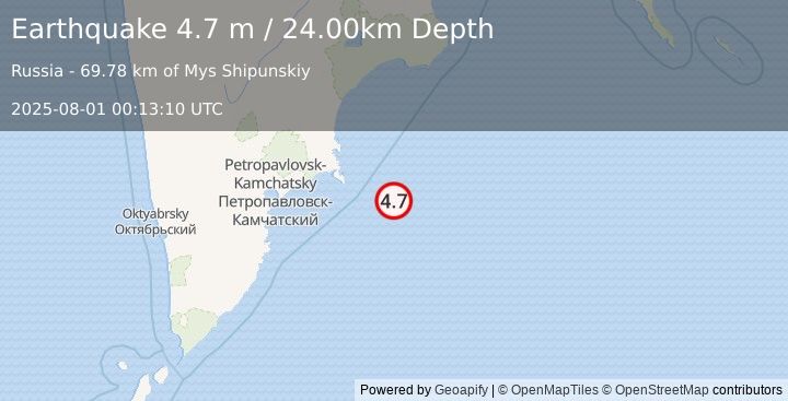Earthquake OFF EAST COAST OF KAMCHATKA (4.7 m) (2025-08-01 00:13:10 UTC)