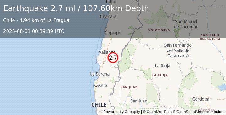 Earthquake ATACAMA, CHILE (2.7 ml) (2025-08-01 00:39:39 UTC)