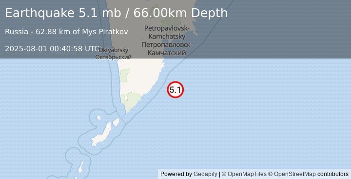 Earthquake NEAR EAST COAST OF KAMCHATKA (5.1 mb) (2025-08-01 00:40:59 UTC)