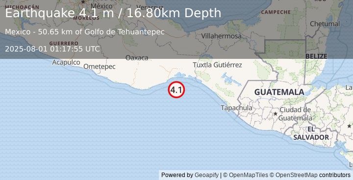 Earthquake OFFSHORE OAXACA, MEXICO (4.1 m) (2025-08-01 01:17:55 UTC)